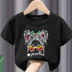 Girls Cartoon The Girl with The Glasses Short Sleeve T-shirt Casual Fashion for Children Kids Clothes Tops