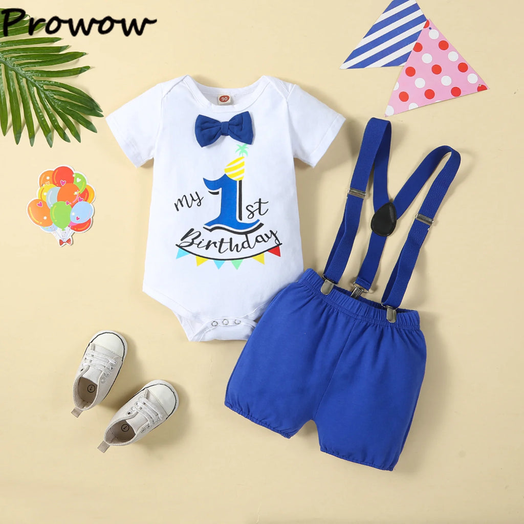 Baby Boys Birthday Outfits Sets Balloon Letter"1" Bodysuit and Y-back Suspender Shorts 1 Year Birthday Baby Cake Smash Clothes