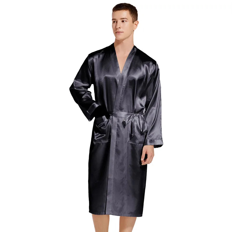 Men Long Bathrobe Sleepwear Navy Blue Silk Satin Bridegroom Wedding Robe Kimono Gown Spring Summer Home Clothes Loungewear