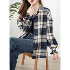 Women's Shirt Long Sleeve Buttons Plaid Casual Korean Fashion Loose Office Lady Simplicity Elegant Intellectual Generous Sven