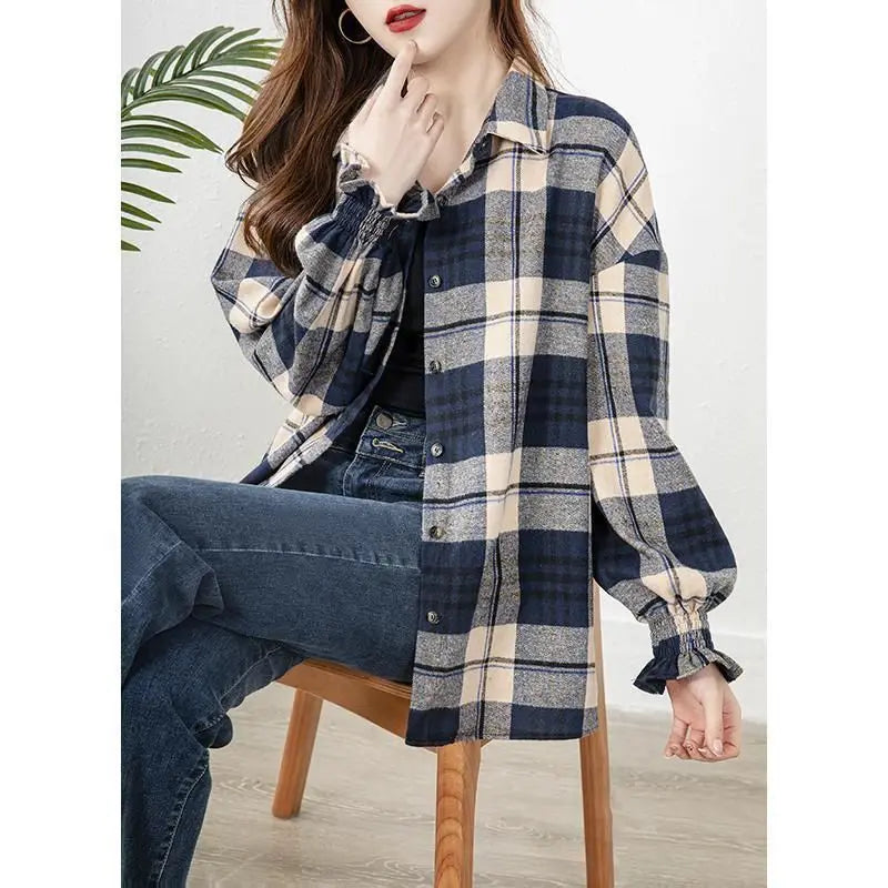 Women's Shirt Long Sleeve Buttons Plaid Casual Korean Fashion Loose Office Lady Simplicity Elegant Intellectual Generous Sven