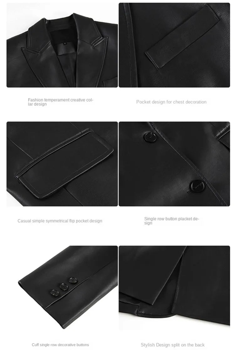 Women Black Brown Soft PU Leather Blazer Shoulder Pads Long Sleeve Single Breasted Loose Casual Jacket Tops Korean Fashion Coat
