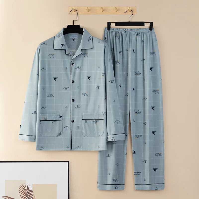 Men's Thin Cotton Pajamas Long Sve Long Pants Two-Piece Set Casual