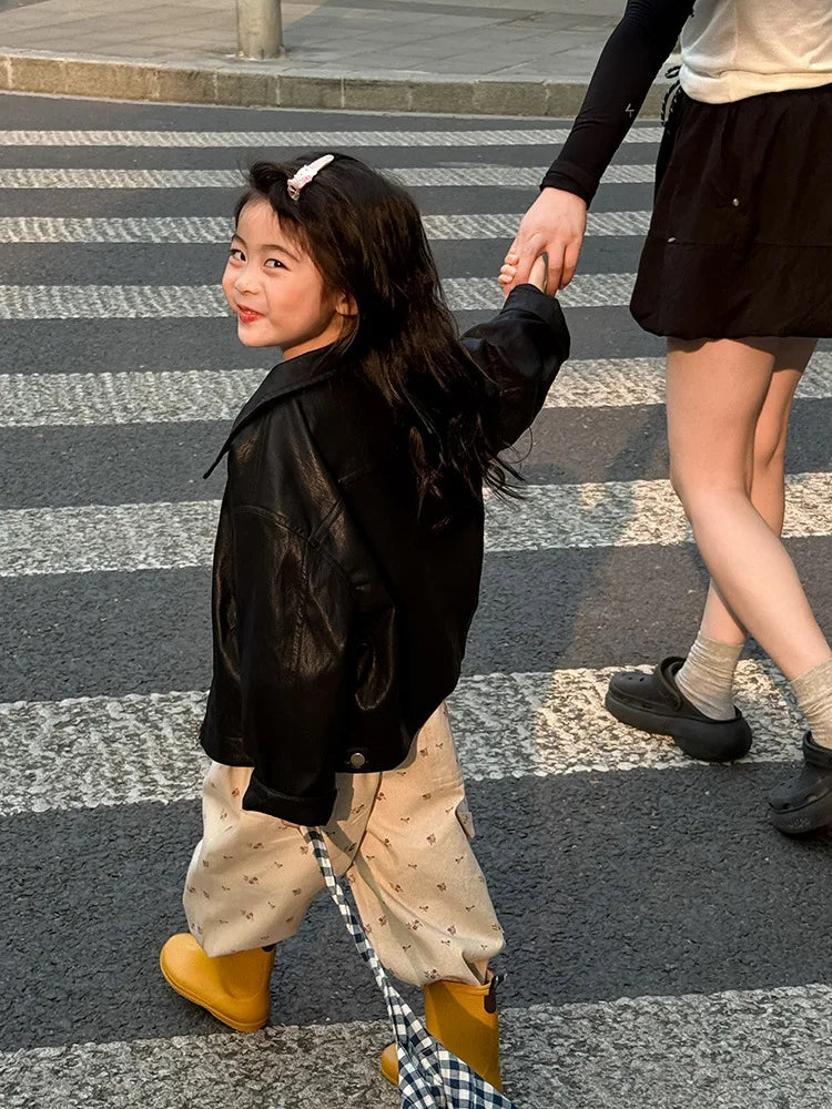 2025 Autumn New Children Long Sleeve Pu Leather Coat Fashion Girls Leather Jacket Solid Boys Lapel Zipper Jacket Kids Clothes