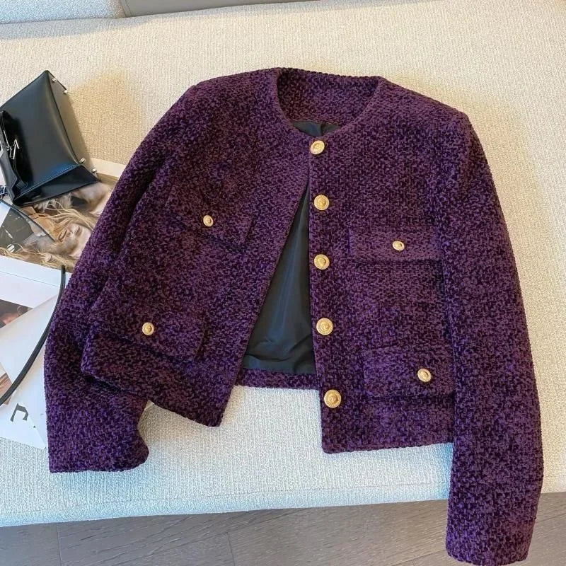 French Woolen Tweed Coat Small Fragrant O-neck Short Jacket Women High-end Metal Button Purple Tops Autumn Winter 012A