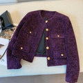 French Woolen Tweed Coat Small Fragrant O-neck Short Jacket Women High-end Metal Button Purple Tops Autumn Winter 012A