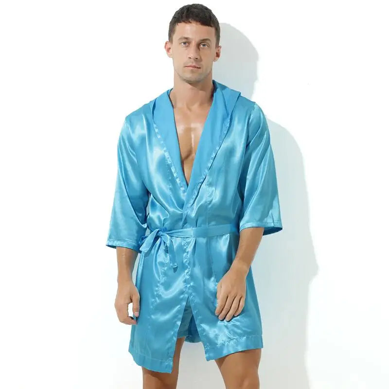 Sexy Sleepwear Men Robes Bathrobes Soft Silky Short Sleeve Nightgown Mens Homewear Dressing Gown Male Pajamas (No shorts)