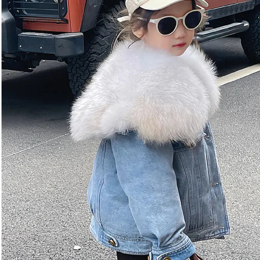 Winter New Children's Denim Parkas Nature Big For Fur Collar Design Thicker Warm Fur Coat Girls Down Jacket A3073