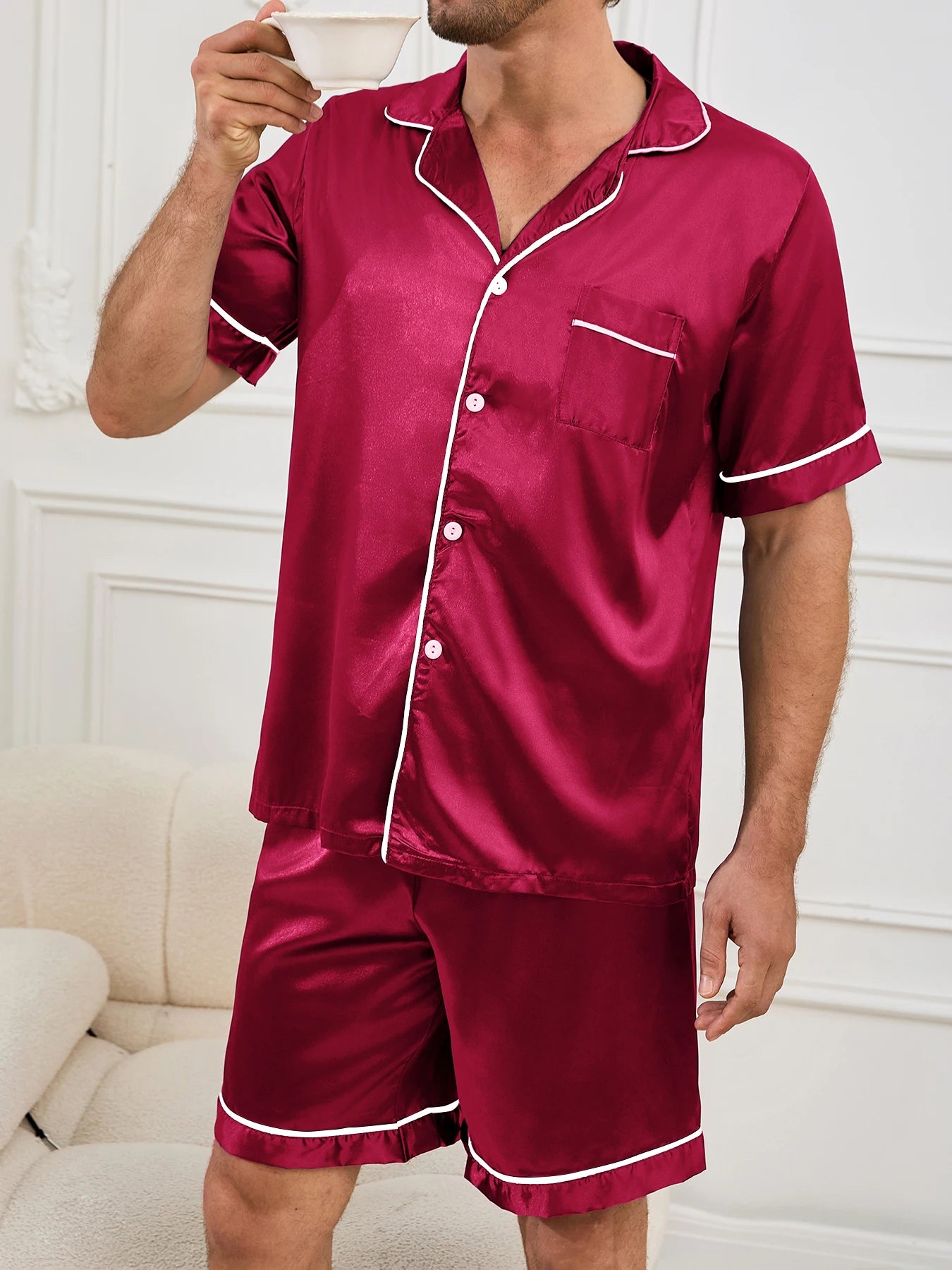 Men's Pajamas Set Summer Sleepwear Sleeve Button-Up Top & Shorts