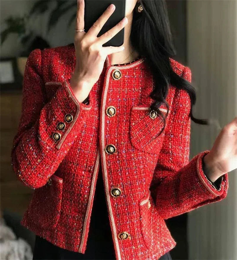 2025 Autumn/Winter New French Vintage Loose and Versatile Show Thin Temperament Woolen Jacket Fem Vintage Red Tweed Coat Women's