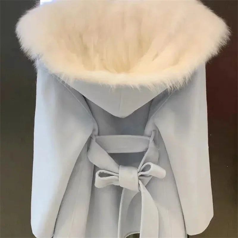 Pink Hooded Coat Women's Autumn Winter Belt Popular Woolen Coat 2024 Fur Coat Fragrant Wind High end Lightweight Short Fur Neck