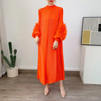 YUDX Hot Sales 2024 Summer New Pleated Formal Dresses for Women Mesh Petal Sleeve Solid Evening Party Long Maxi Dresses