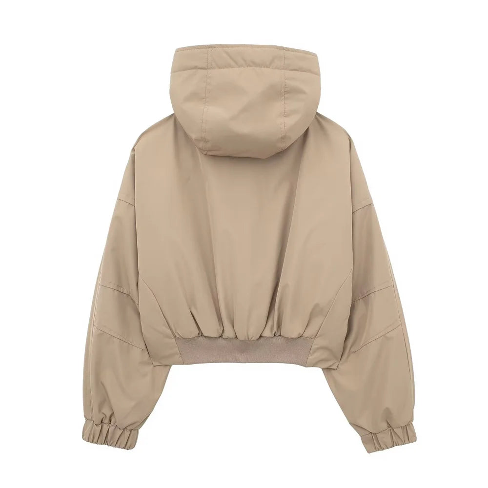 Autumn New Product Women's Stand up Collar Hoodie Long Sleeve Zipper Decoration workwear Style Short Jacket Coat