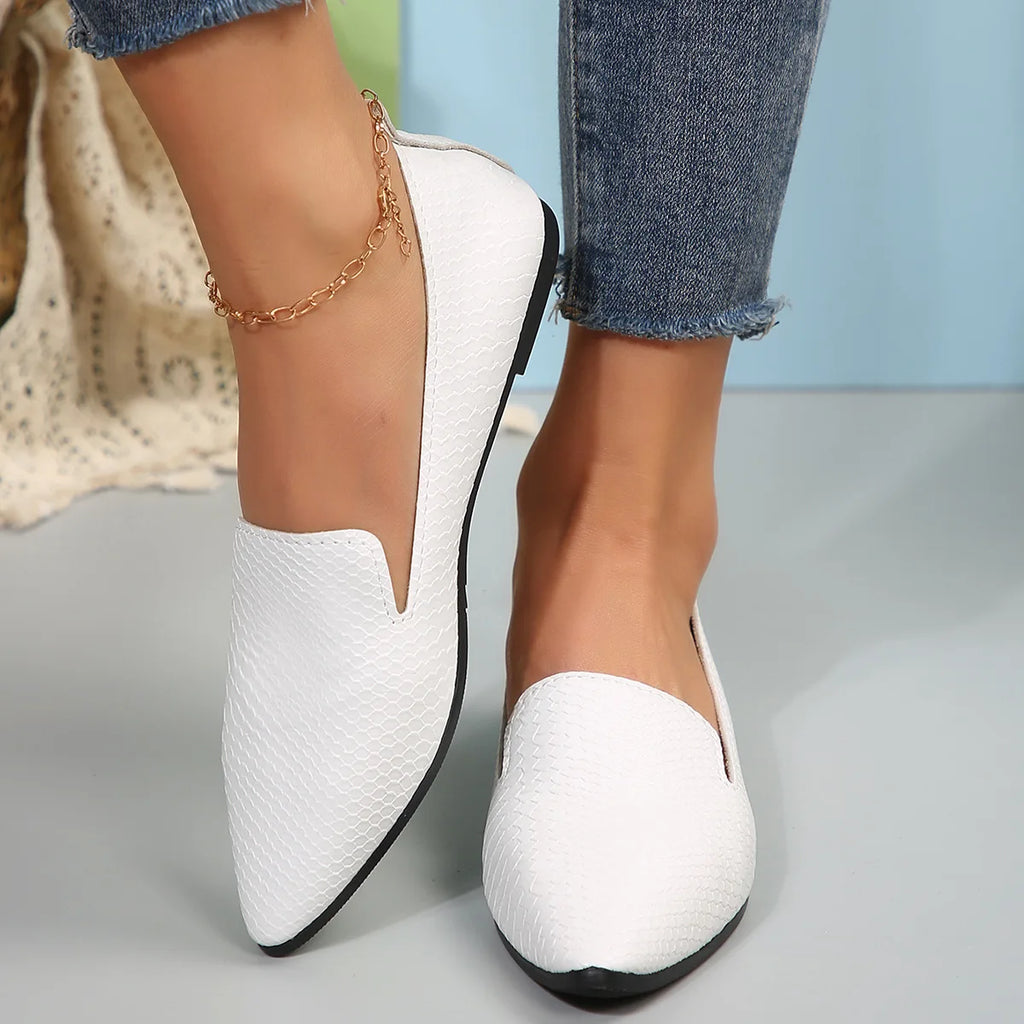 Women's Shoes PU Leather Loafers Ballet Flats Pointed Toe Barefoot Slip-on Casual Low Heel Fashion Stone Pattern Woman Flat Shoe