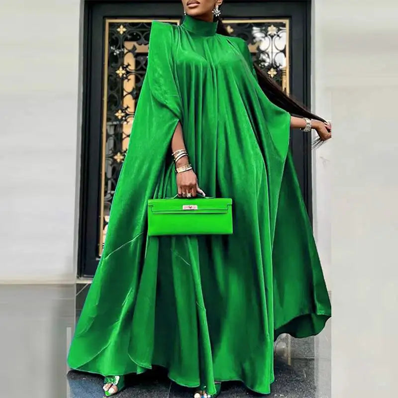 Elegant Evening Dress VONDA Women Pleated Stand Collar Long Sleeve Satin Party Sundress Autumn Casual Solid Loose Robe Vestidos