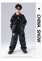 Boys K-pop Fashion Leather Jacket Street Dance Cargo Pants Girl Hip Hop Streetwear Kids Children Jazz Shiny Costume Clothes Sets