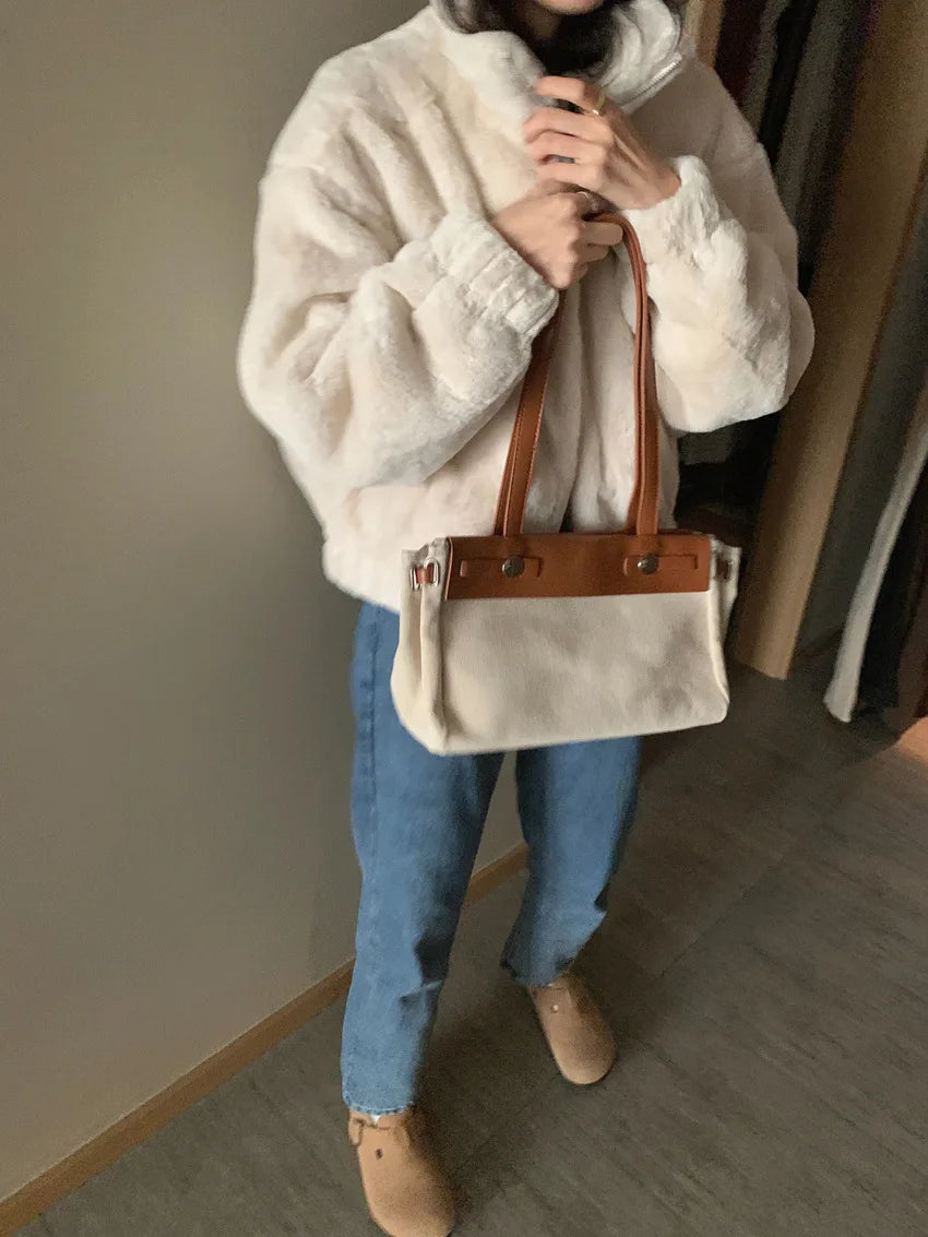 Women Autumn Winter Thicken Warm Coat Stand-Collar Loose Fur Plush Zipper Jacket Soft Comfortable Casual Simple Solid Outerwear