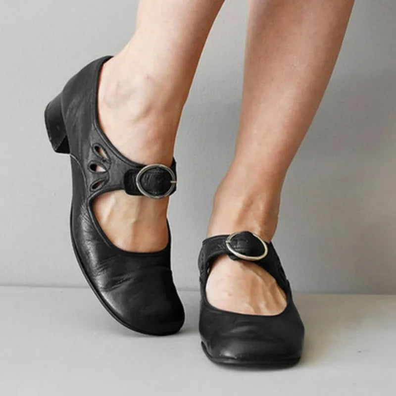 Women Shoes Low Heels Single Shoes Retro New Soft Sole Women Casual Shoes Thick Heels Work Mother Shoe Buckle Shallow High Heels