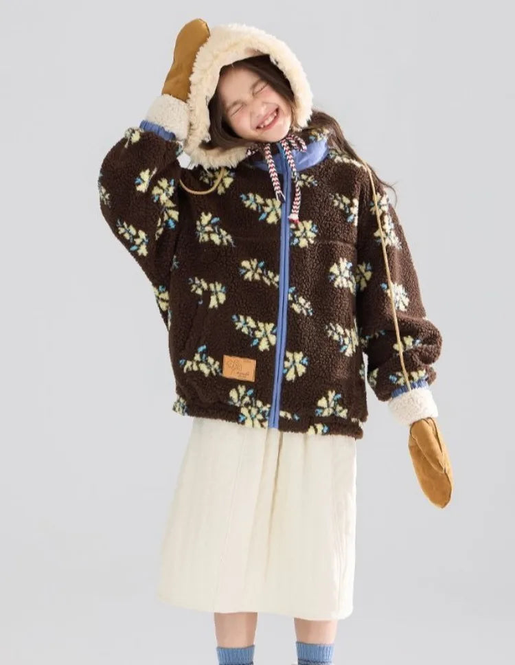 Girl's Winter Coat Floral Jacquard Lamb Fur Thickened Stylish Autumn Winter Toddler Kids Cotton Jacket