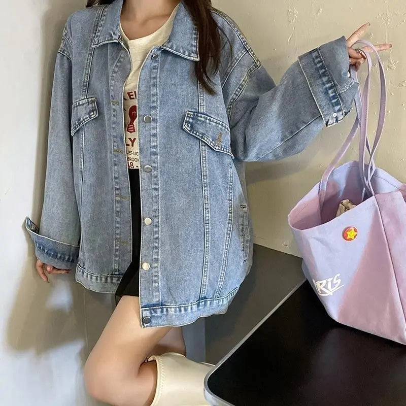 2025 Spring Autumn New Women Denim Jacket Boyfriend Loose Harajuku Design Unique Mid Length Casual All Match Outerwear