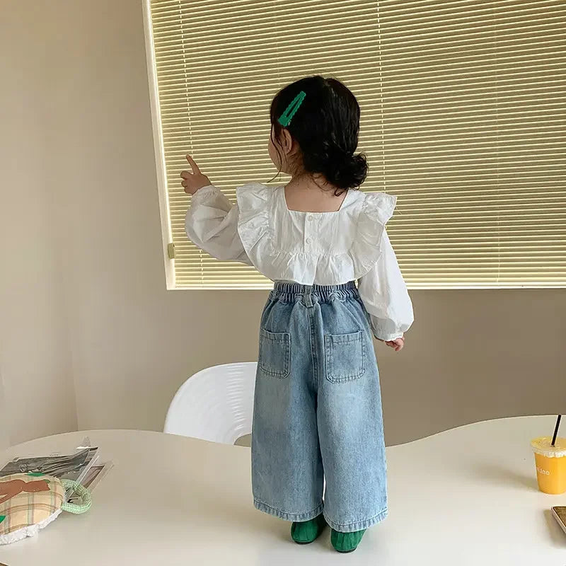 New Kids Jeans 2-6 Years Childrens Loose Wide Leg Pants Girls Simple Solid Color Trousers Fashion Jeans