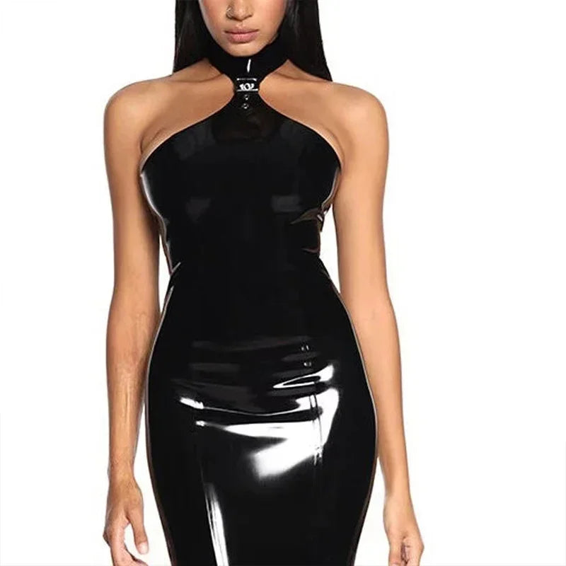 Women's Sexy Halter Neck Dress, Wet Look Patent Leather, Long Party Dress, Sleeveless Stretchy Maxi Dress, Custom Strapless