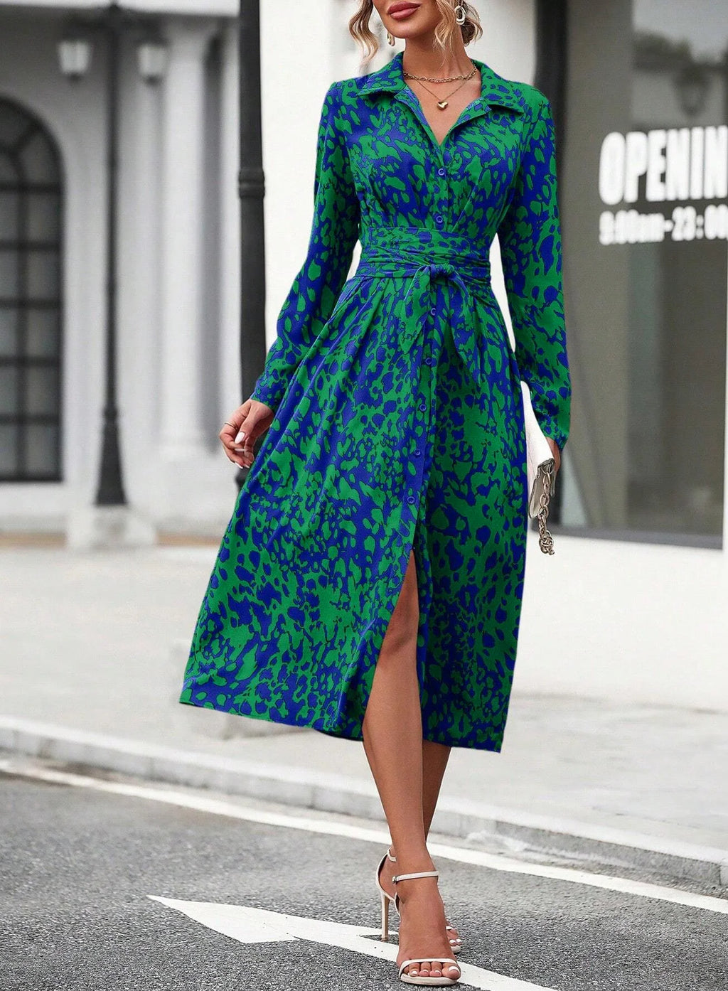 Elegant Random Print Button Down Shirt Dress Women's Long Sleeve Belted Waist Midi Dress Spring Fall Office Casual Dress