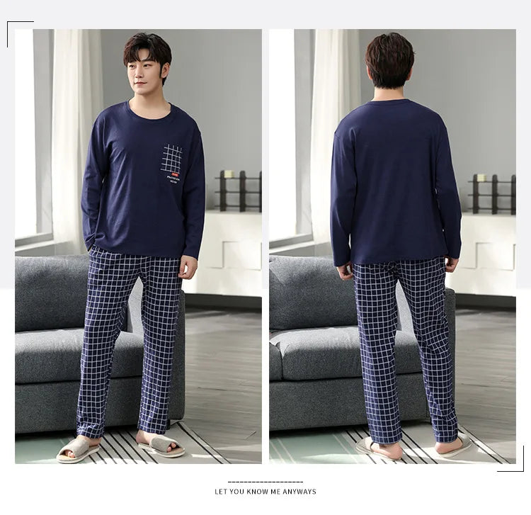 Fashion Lounge Pajamas Sets Men's Spring New Long-sleeved Tops with Trousers Cotton Homewear Comfort Simple Sleepwear Two Pieces