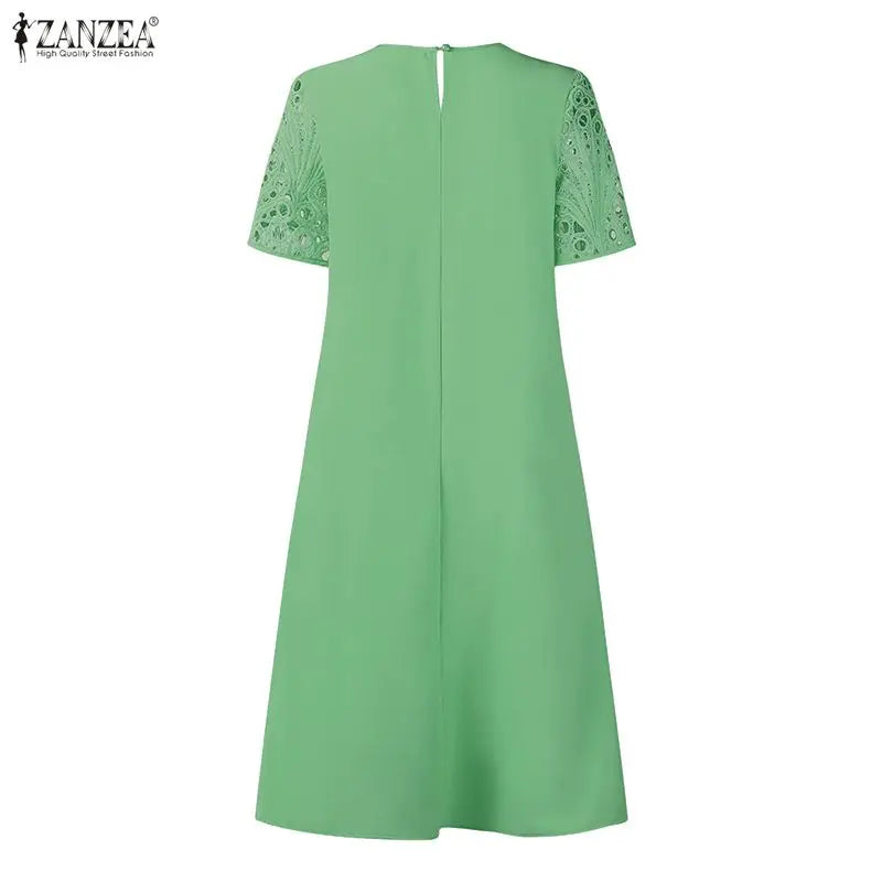 Stylish Women Desses ZANZEA 2025 Summer Lace Patchwork Dress Elegant Party Work Sundress Short Sleeve Pleated Vestidos Midi Robe