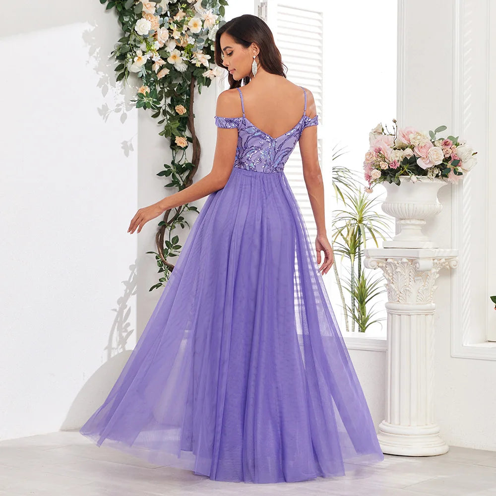Purple Color Embroidery Sequin Dress Women Long Evening Party Gown Bridesmaid Dress For Summer Autumn Wedding Party