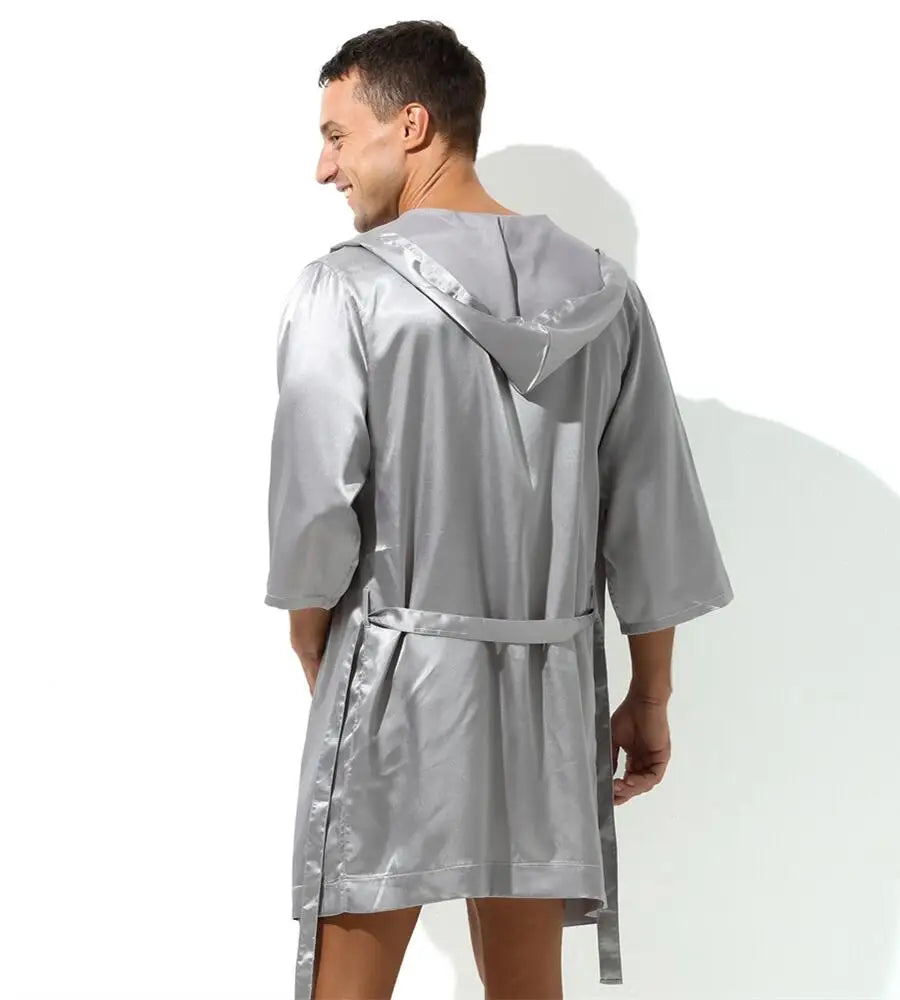 Sexy Sleepwear Men Robes Bathrobes Soft Silky Short Sleeve Nightgown Mens Homewear Dressing Gown Male Pajamas (No shorts)