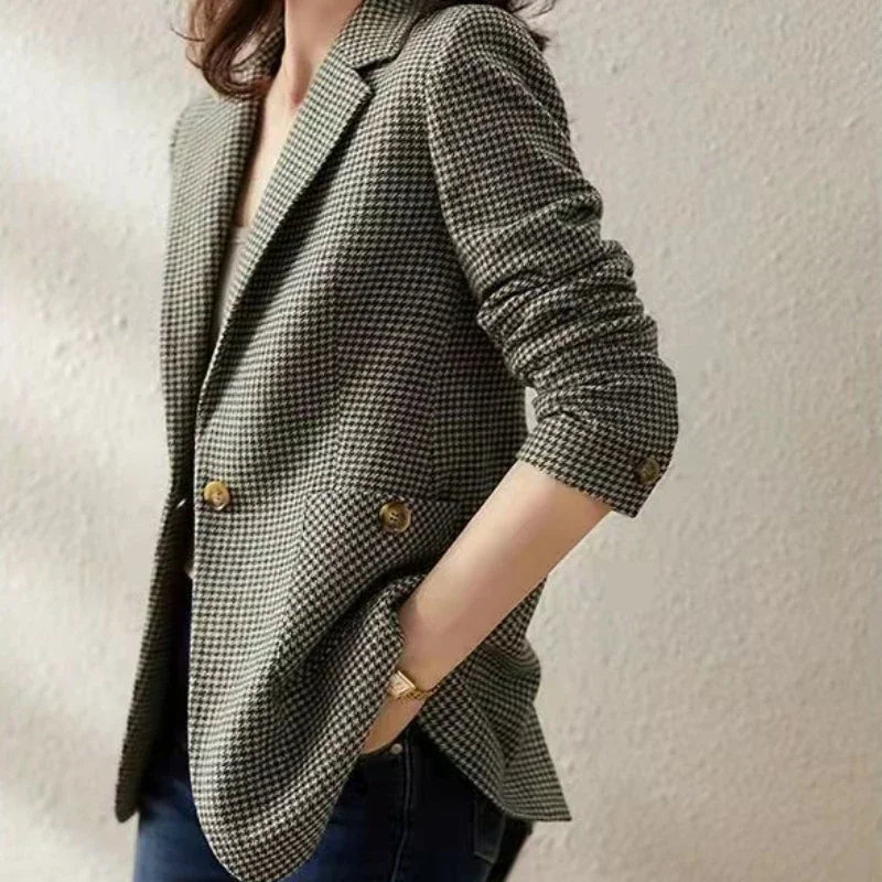 Green Jacket Coats for Women Skinny Plaid Outerwears Korean Fall Clothes  Simple Cheap Stylish in Promotion Check Blazer Woman