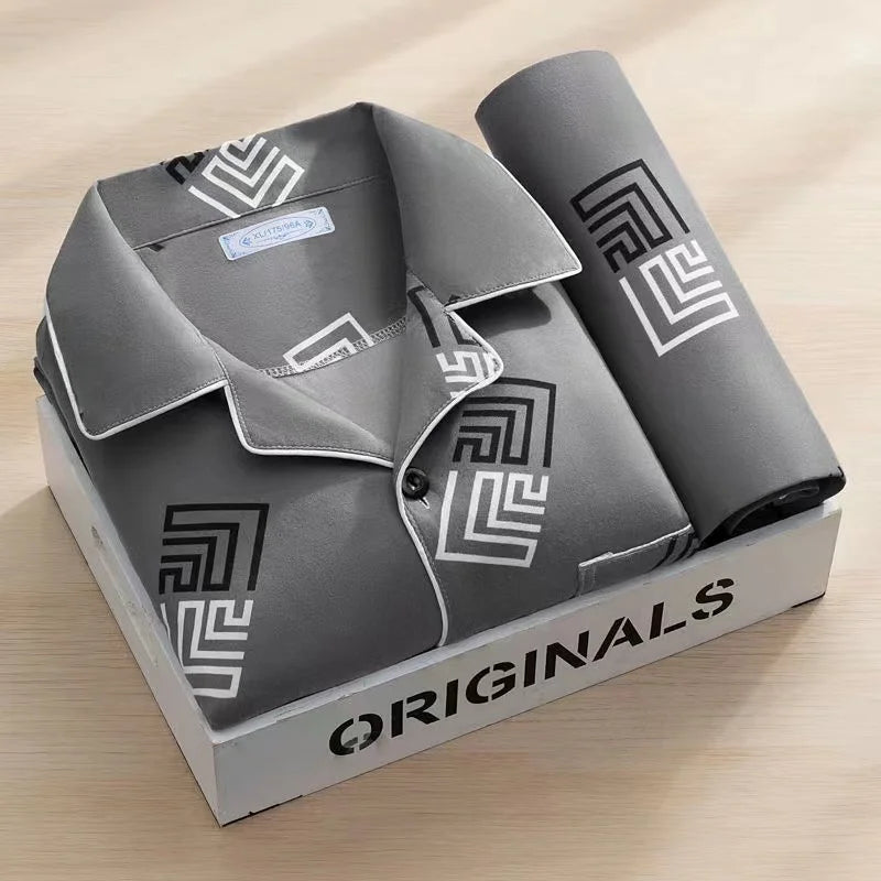 Men's Thin Cotton Pajamas Long Sve Long Pants Two-Piece Set Casual