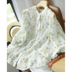 Women Shirt 2024 Spring New Arrival Printed Floral Shirt Stand Collar Neck Long Sleeve Elegant Blouse Top