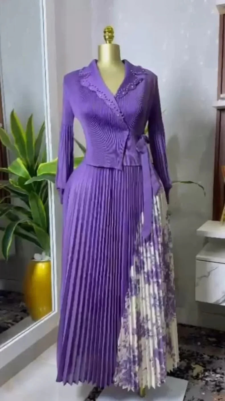 2025 Spring New Miyake Pleated A-line Dress Elegant Suit Collar Mid To Long Style Waist Cinching Slimming Women Folds Skirt