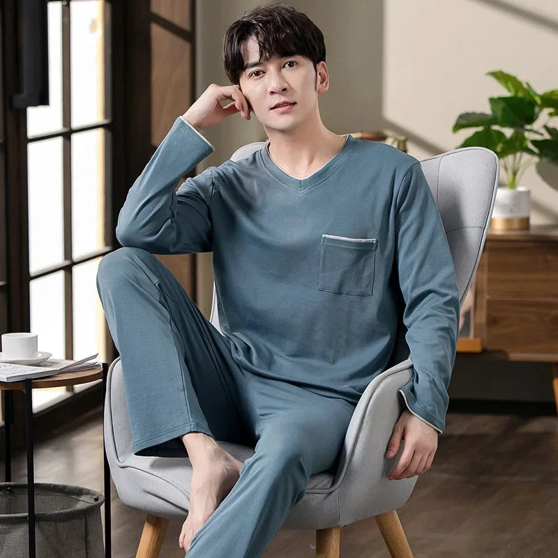 Fashion Lounge Pajamas Sets Men's Spring New Long-sleeved Tops with Trousers Cotton Homewear Comfort Simple Sleepwear Two Pieces