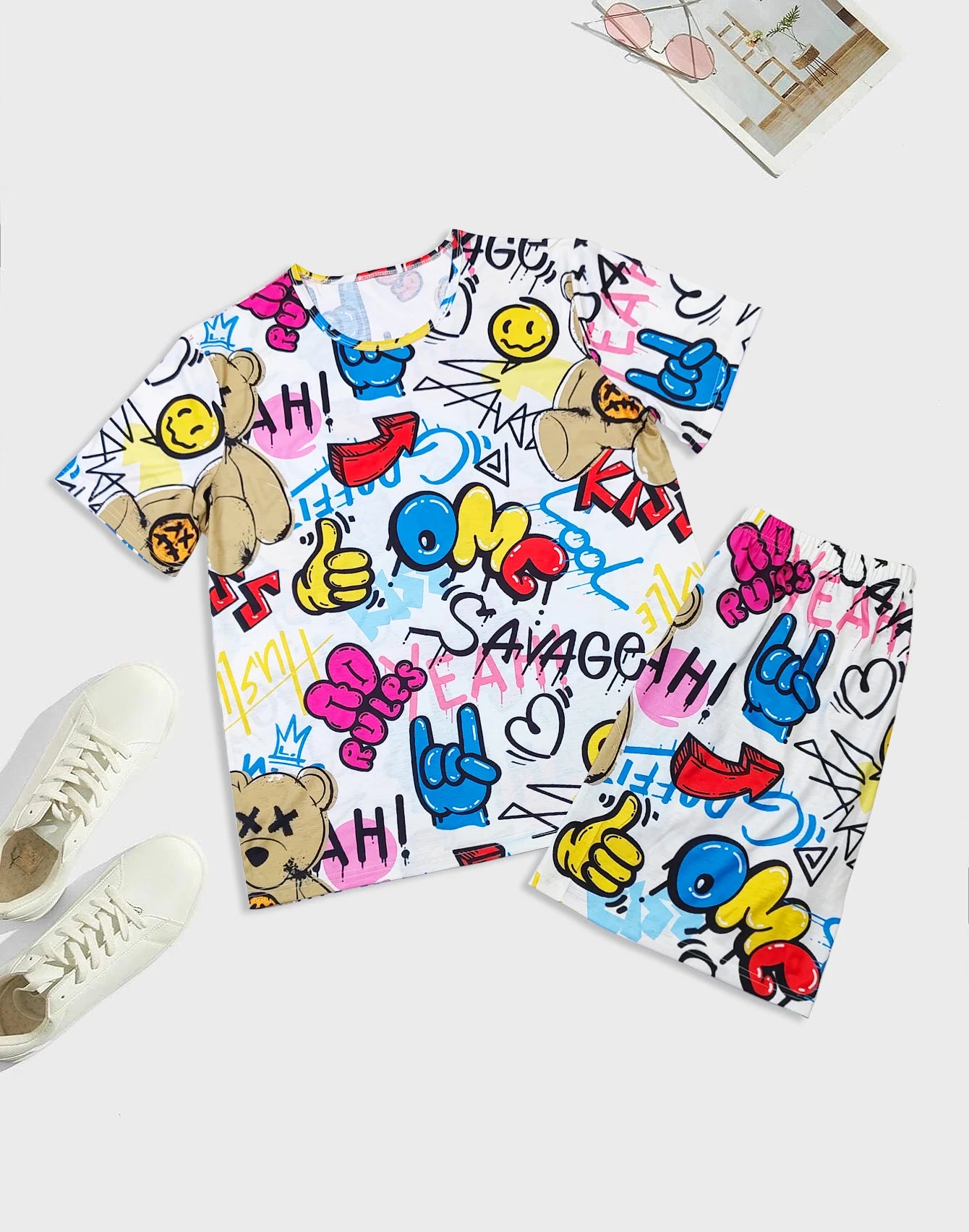 Men's fashionable casual style pajamas hort sleevehome clothing cartoon printed hip-hop sd shorts two-piece set for couples
