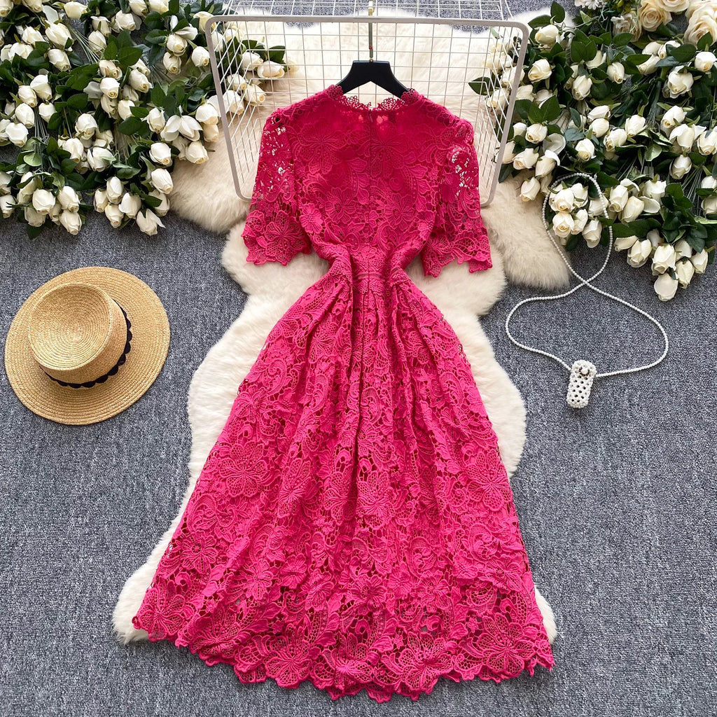 Ele Hollow out Lace ort Sve Dr Women's Summer Slimming A-Line Gown High Waist Korean Sle Commute Suitable