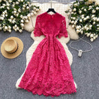 Ele Hollow out Lace ort Sve Dr Women's Summer Slimming A-Line Gown High Waist Korean Sle Commute Suitable