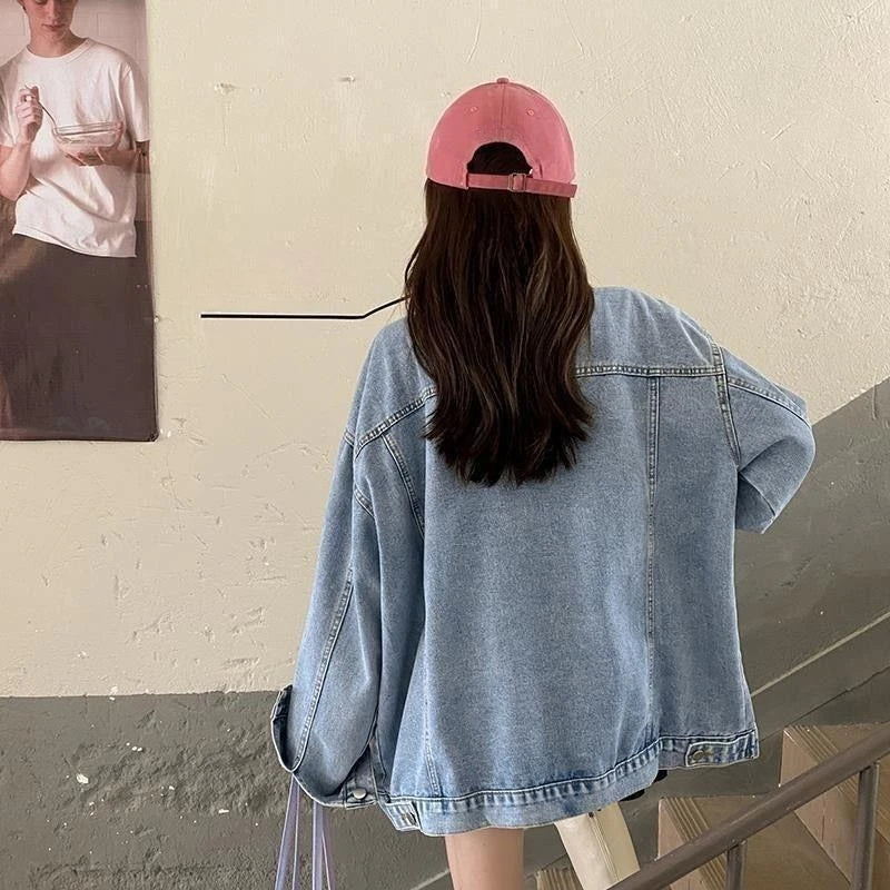 2025 Spring Autumn New Women Denim Jacket Boyfriend Loose Harajuku Design Unique Mid Length Casual All Match Outerwear
