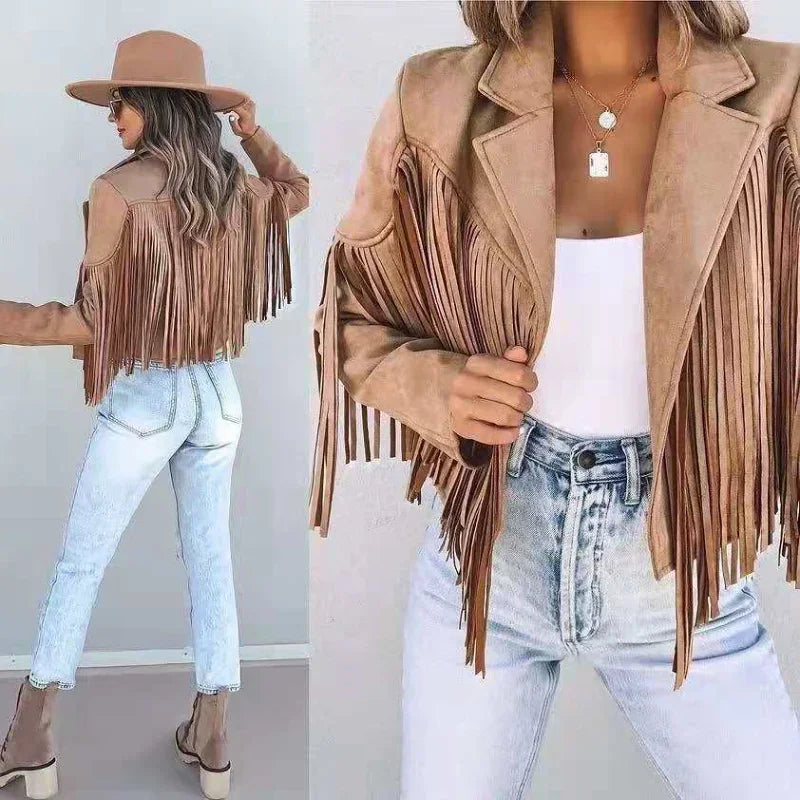 Fashion Winter Jacket Women Y2k Fringed Hem Tassel Cardigan Crop Topsr Jacket Suede Leather Jacket Vintage Streetwear Cool Coat