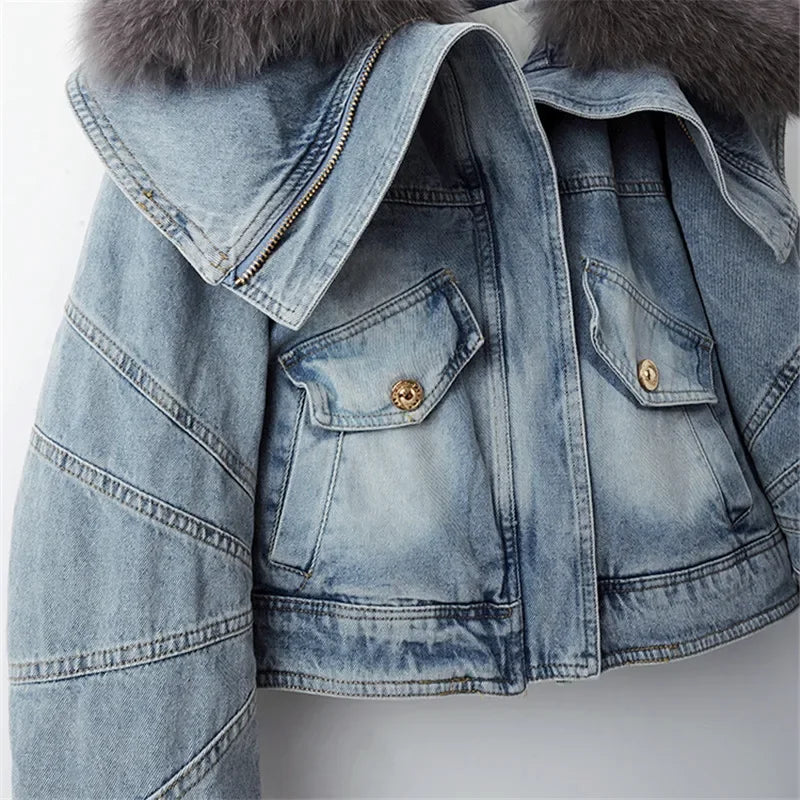 Big Fox Fur Collar Down Cotton Denim Jacket Women Vintage Cowboy Outerwear Winter Thick Loose Short Zipper Jeans Jacket Female