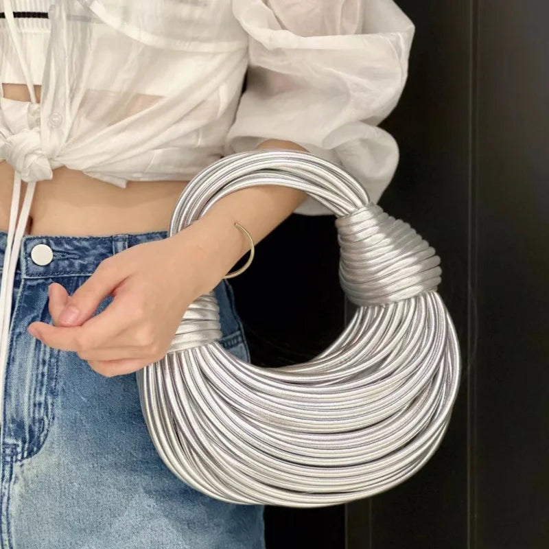 Women 2025 New Gold Luxury Designer Brand Handwoven Noodle Bags Rope Knotted Pulled Hobo Silver Evening Clutch Chic