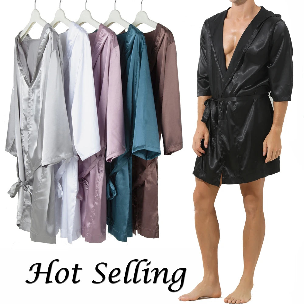 Mens Hooded Bath Robe Short Sleeve House Robe Satin Silk Lounge Bathrobes with Belt Men's Pajamas Homme Kimono Robes Sleepwear
