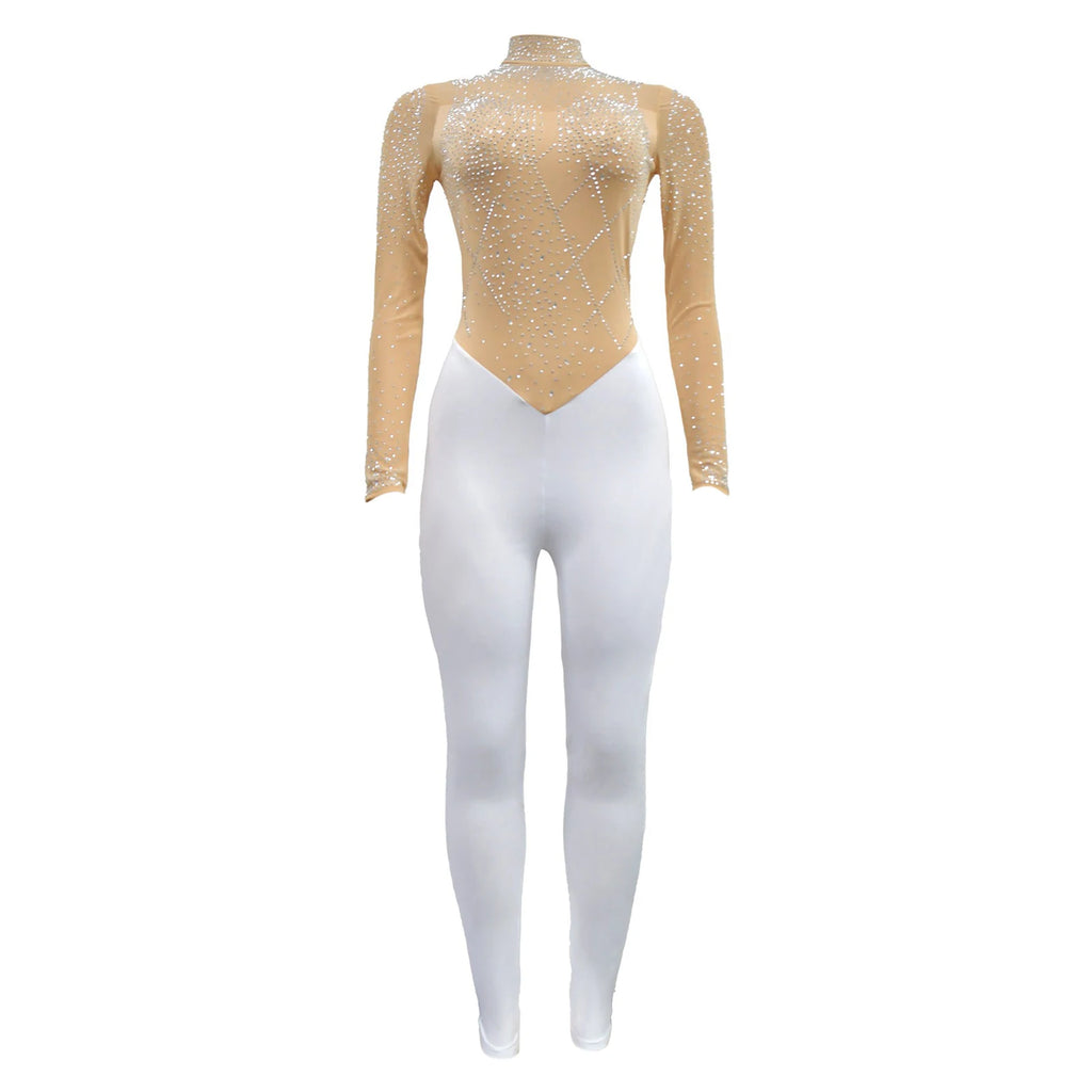 Women's Glittery Rhinestones Gymnastics Jumpsuit Sheer Mesh Patchwork Mock Neck Long Sleeve Dance Rompers One-piece Bodysuit