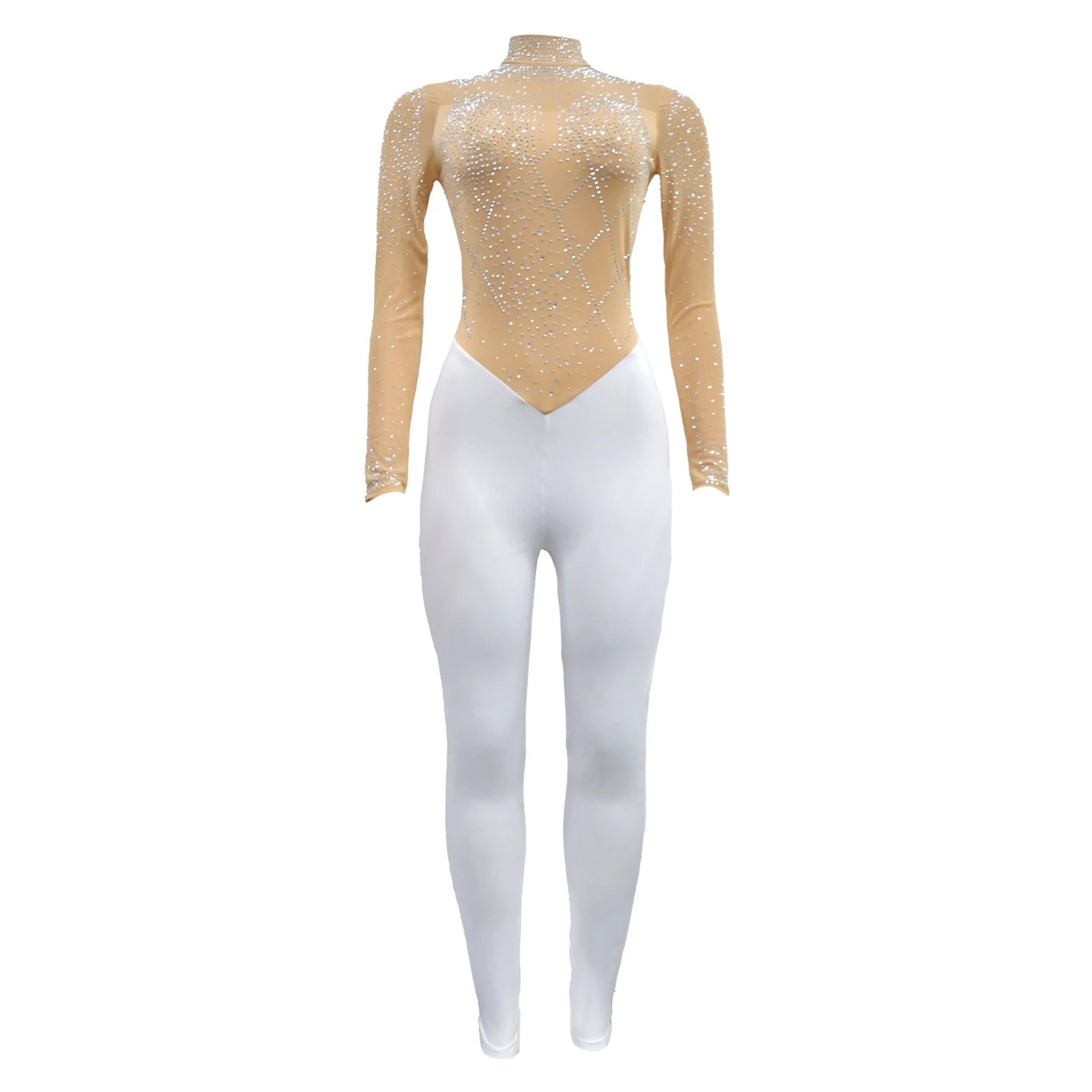 Women's Glittery Rhinestones Gymnastics Jumpsuit Sheer Mesh Patchwork Mock Neck Long Sleeve Dance Rompers One-piece Bodysuit