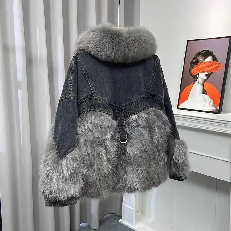 Fashionable European Style Thick Fur Collar Winter New Women's Denim Jacket with Patchwork Fur Parkas