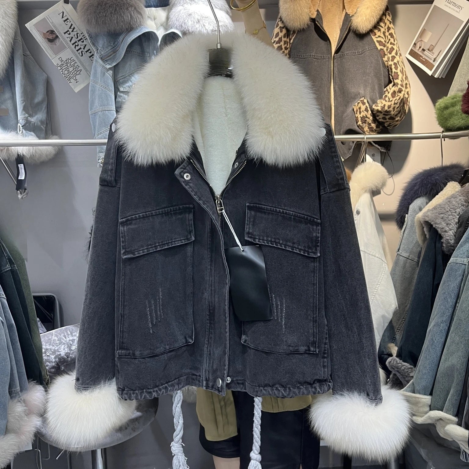Fox Fur Denim Jacket for Women Fleece-Lined and Thickened Winter 2025 New Korean Style Loose Fit Batwing Sleeve Cotton Coat