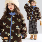 Girl's Winter Coat Floral Jacquard Lamb Fur Thickened Stylish Autumn Winter Toddler Kids Cotton Jacket