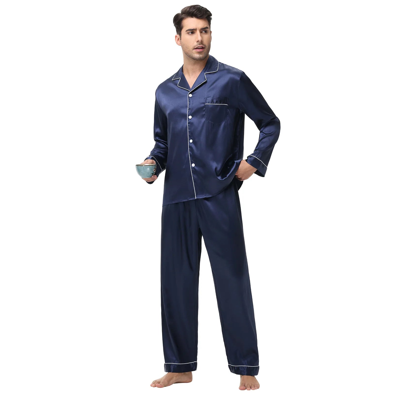 Men Pajamas Set Silk Satin Sleepwear